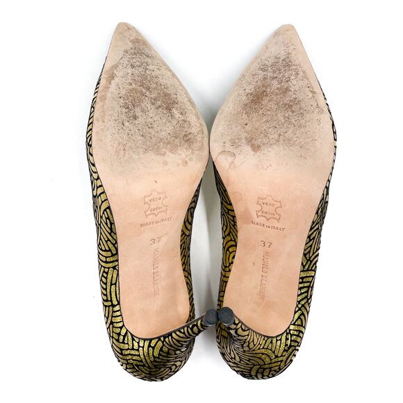 Manolo Blahnik Descortes Crystal Pumps Gold Black Pointed Heels Sz 37 / 7 - Picture 10 of 11